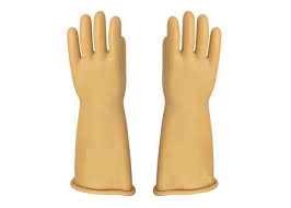 A pair of beige safety hand gloves, likely made from a durable material such as latex, rubber, or leather, designed for industrial or electrical safety use.